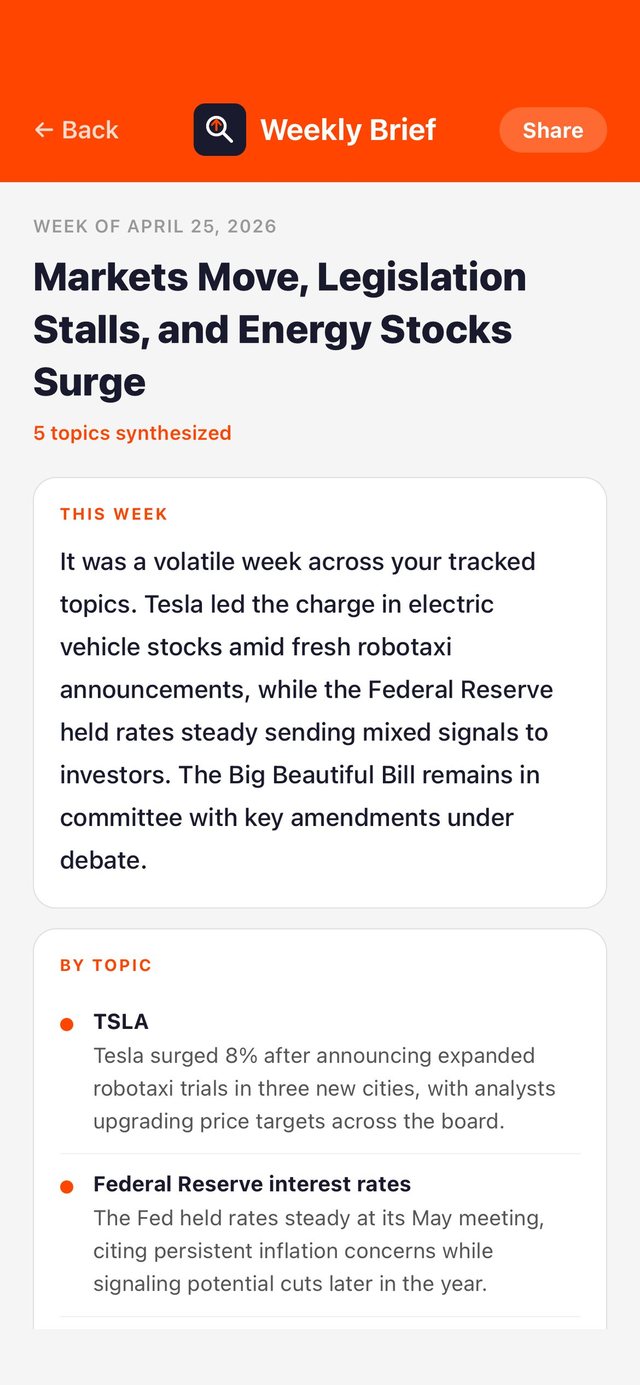 Xtrakt Weekly Brief synthesizing five tracked topics into one briefing