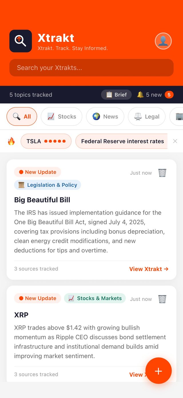 Xtrakt home screen showing tracked topics with live updates
